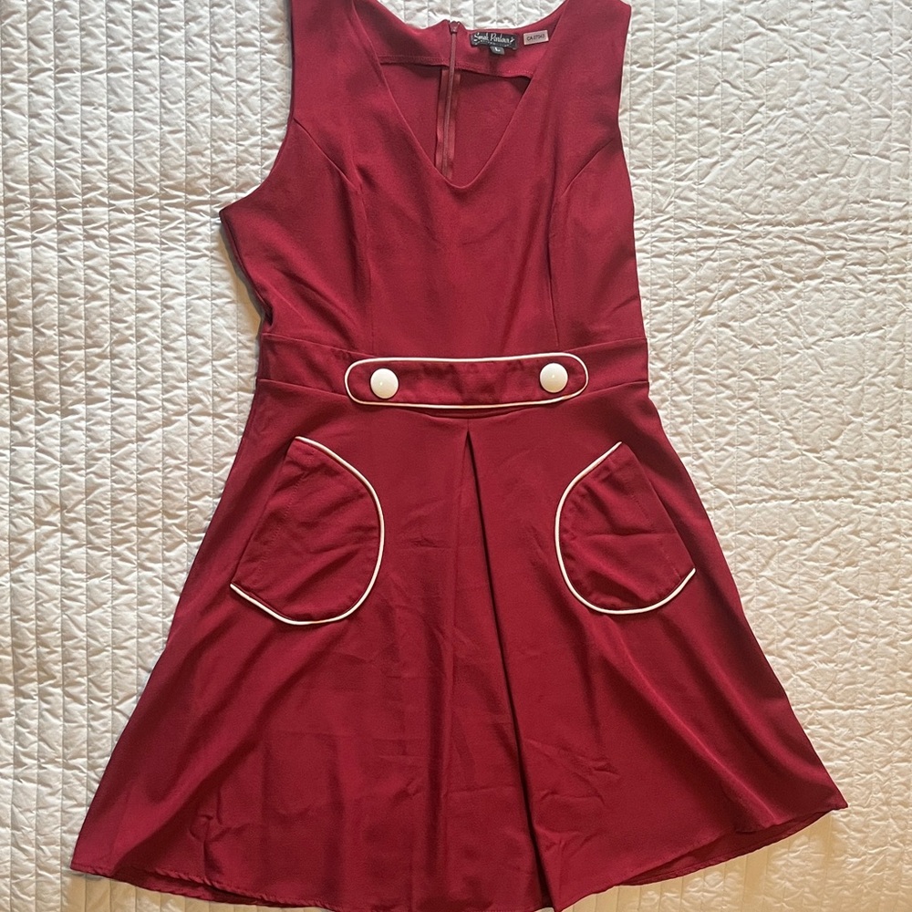 Smak Palour Burgundy A-Line Dress with White Piped Pocket Detail